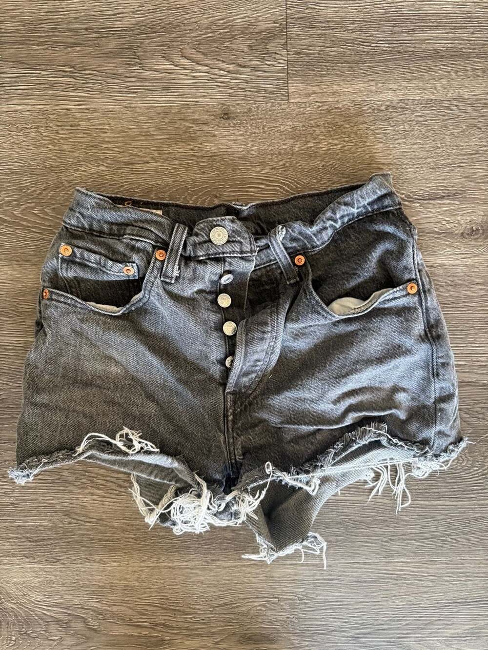 Levi's 501 Button Fly High-Waisted Distressed Denim Shorts - Light Gray